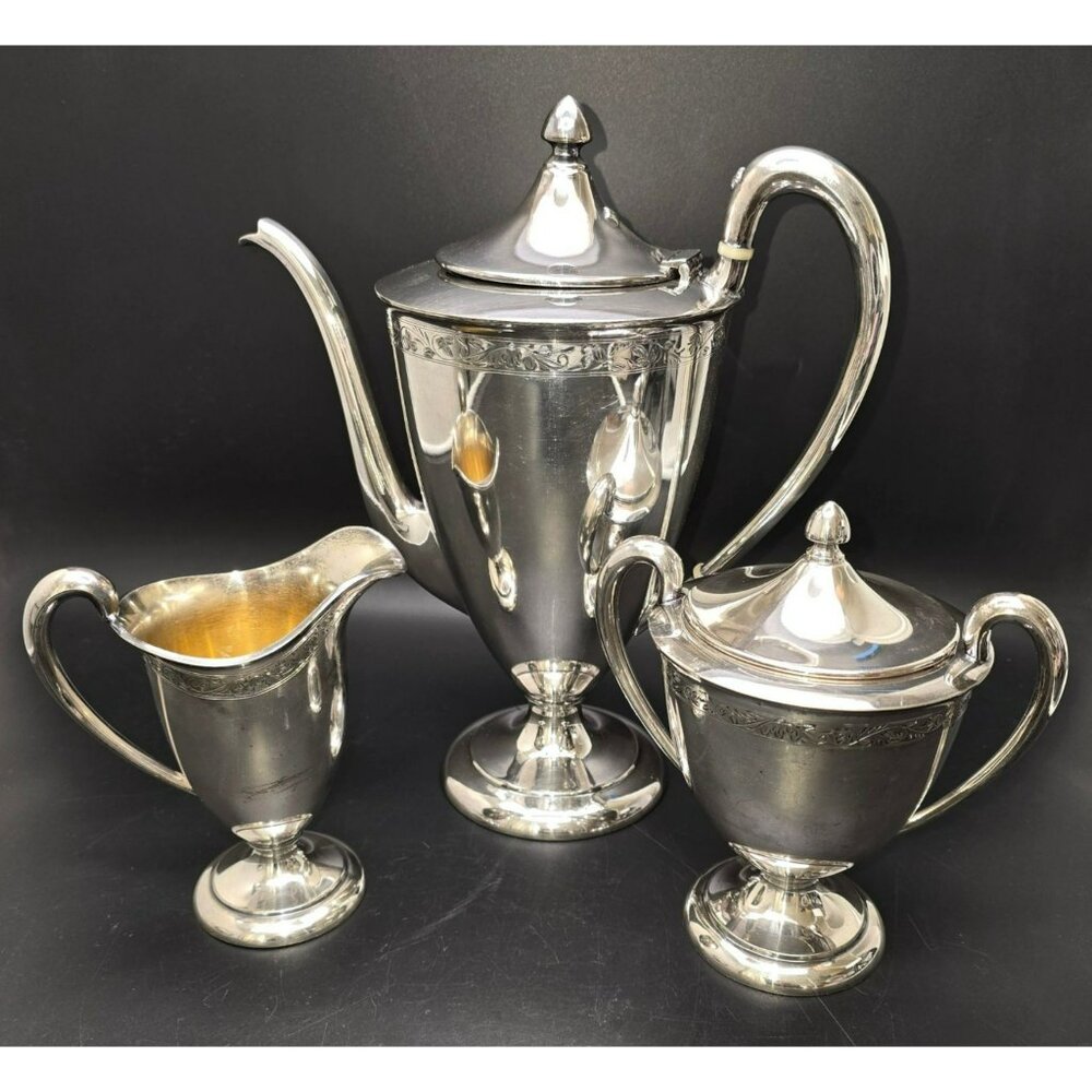 Vintage Silver-Plated 3-Piece Tea Set Coffee Pot Sugar Bowl & Creamer CR2001